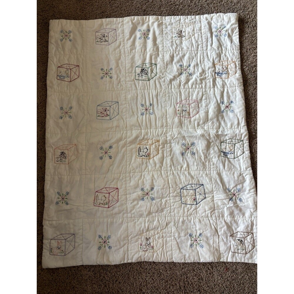 Vintage Baby Quilt Embroidered Fleece 45 X 35  White Squares Flowers Bunny Dog